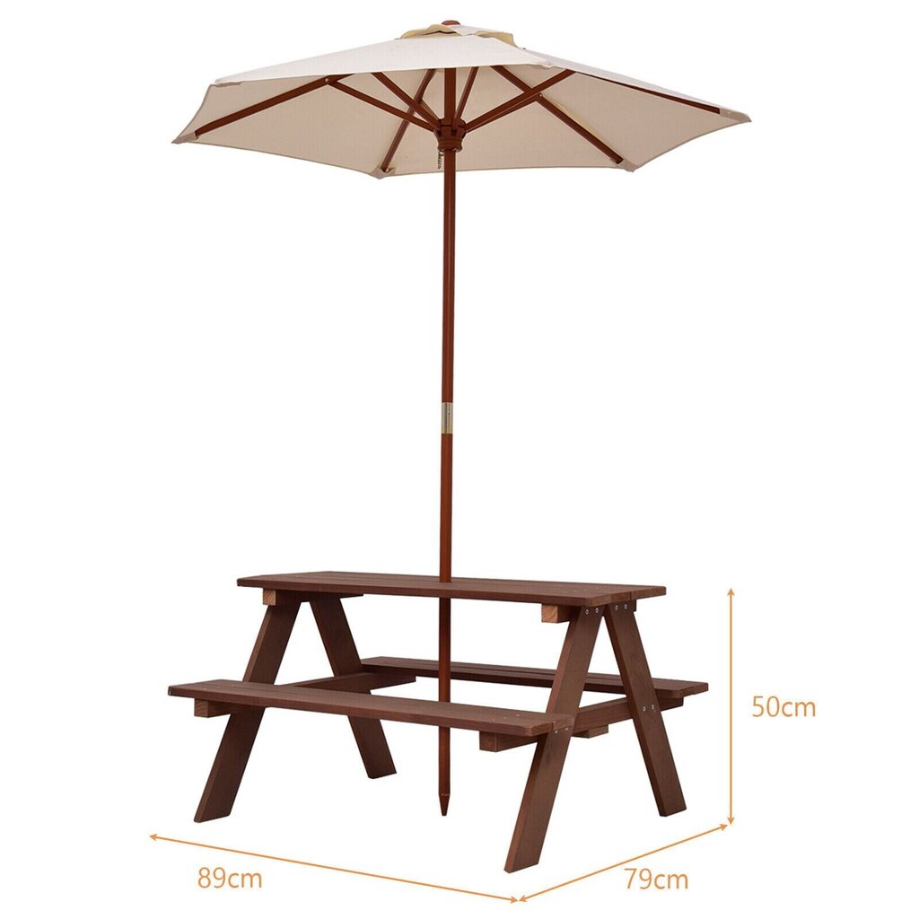 Vaikiškas stalas su skėčiu Costway, rudas kaina ir informacija | Vaikiški lauko baldai | pigu.lt