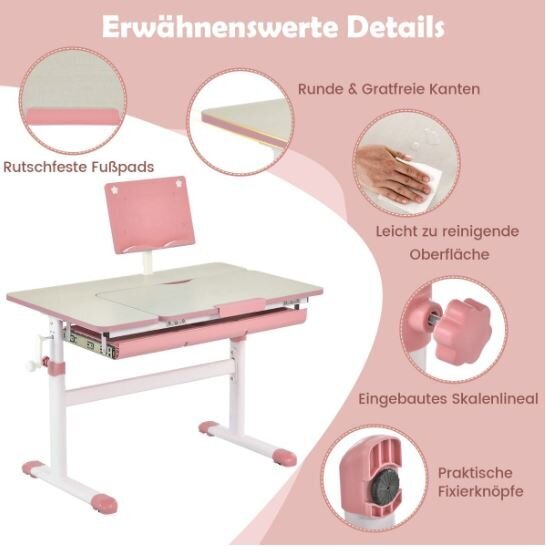 Vaikiškas stalas su pakreipiamu stalviršiu Costway, rožinis kaina ir informacija | Vaikiškos kėdutės ir staliukai | pigu.lt