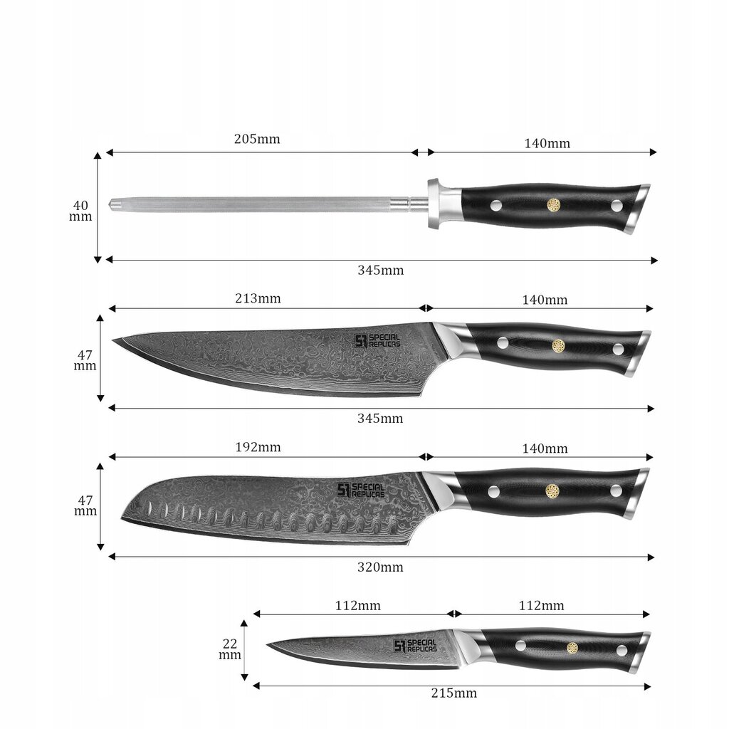 Special Replicas peilių rinkinys su galąstuvu, 4 dalių kaina ir informacija | Peiliai ir jų priedai | pigu.lt