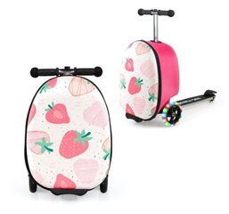 Детский чемодан и самокат 2 в 1 со светодиодными колесами Costway, клубника цена и информация | Чемоданы, дорожные сумки  | pigu.lt
