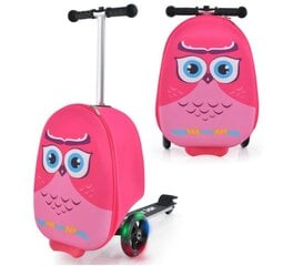 Детский чемодан и самокат 2 в 1 со светодиодными колесами Costway, сова цена и информация | Чемоданы, дорожные сумки  | pigu.lt