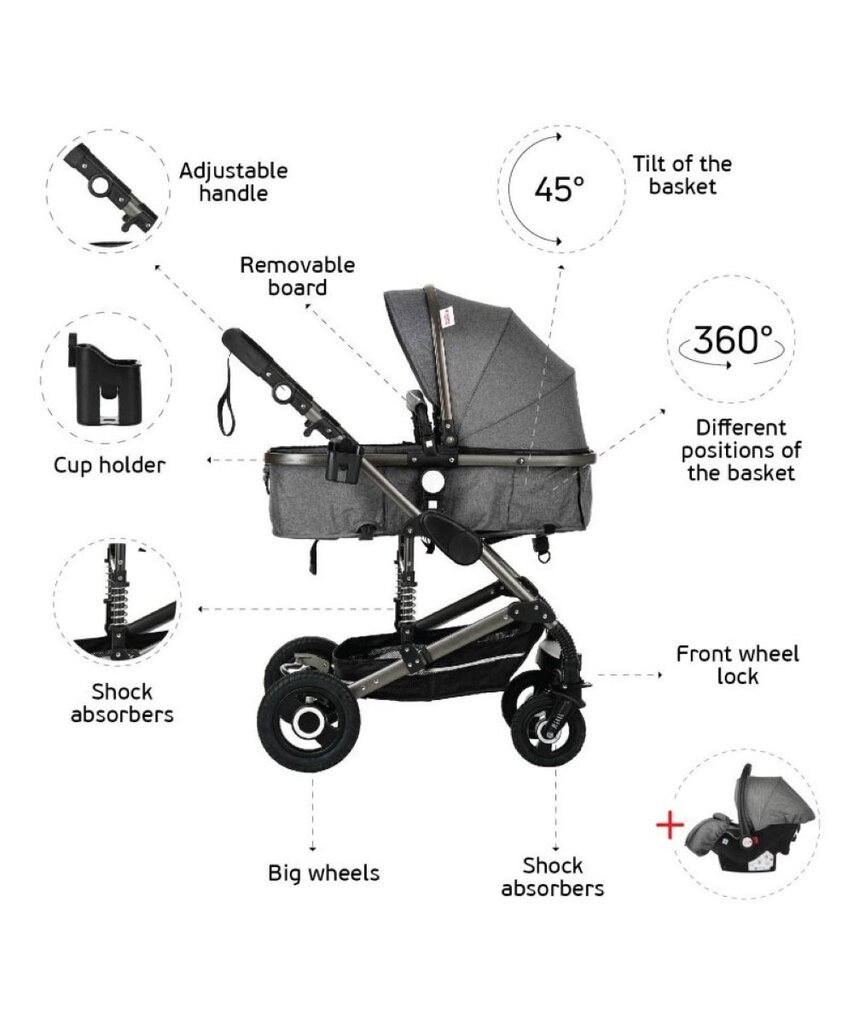 Vaikiškas vežimėlis ir automobilinė kėdutė 3 in 1 Florida, black цена и информация | Vežimėliai | pigu.lt