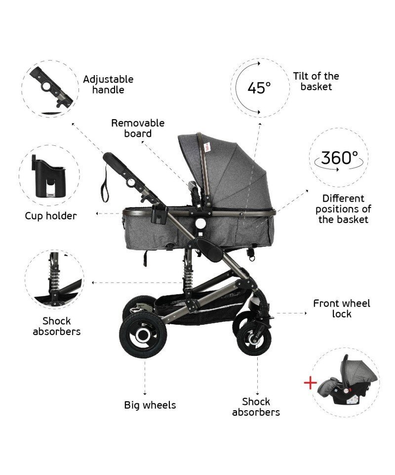 Vaikiškas universalus, vežimėlis ir automobilinė kėdutė 3 in 1 Florida, grey/silver kaina ir informacija | Vežimėliai | pigu.lt