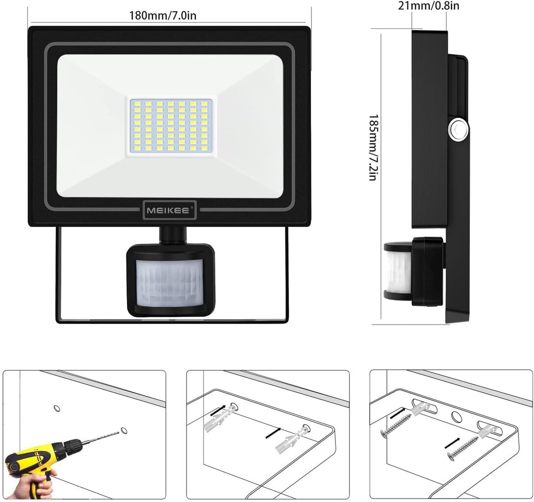 Meikee 50W led prožektorius su judesio detektoriumi kaina ir informacija | Žibintuvėliai, prožektoriai | pigu.lt