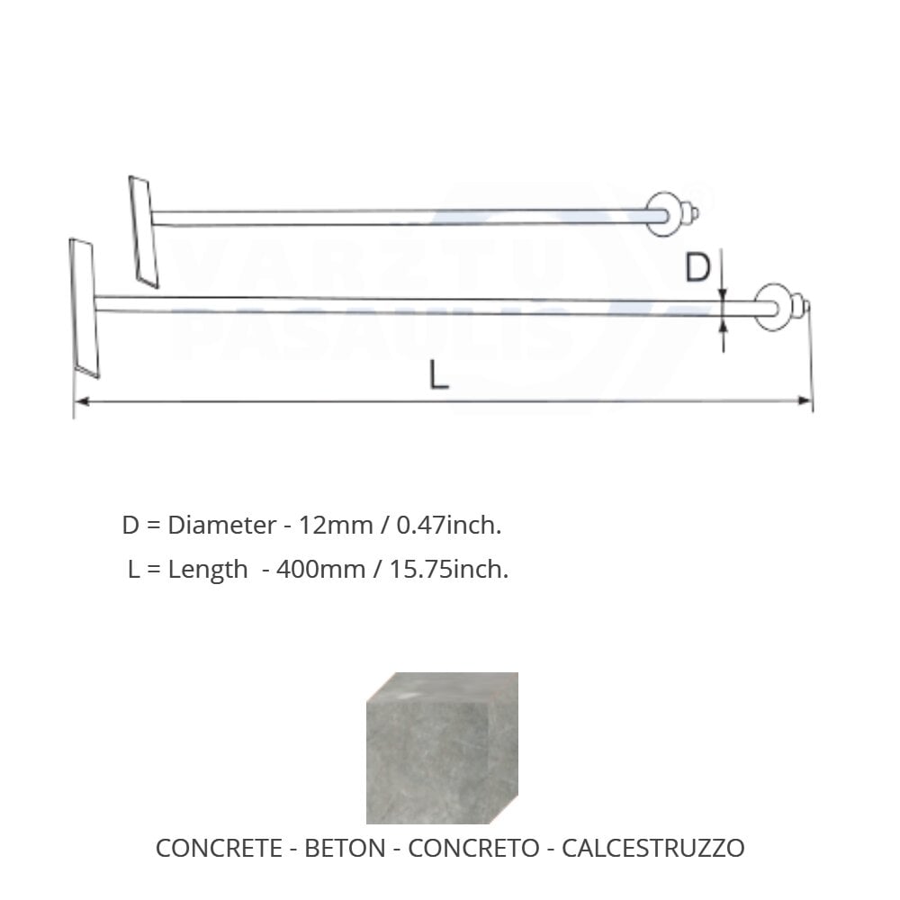 Ankeris mūrui M12x400, 20 vnt. kaina ir informacija | Tvirtinimo detalės | pigu.lt