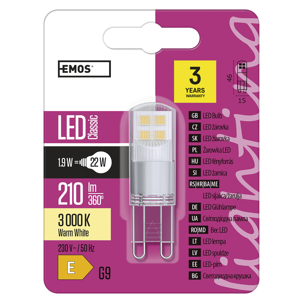 LED lemputė EMOS CLS JC 1.9W G9 210lm WW kaina ir informacija | Elektros lemputės | pigu.lt