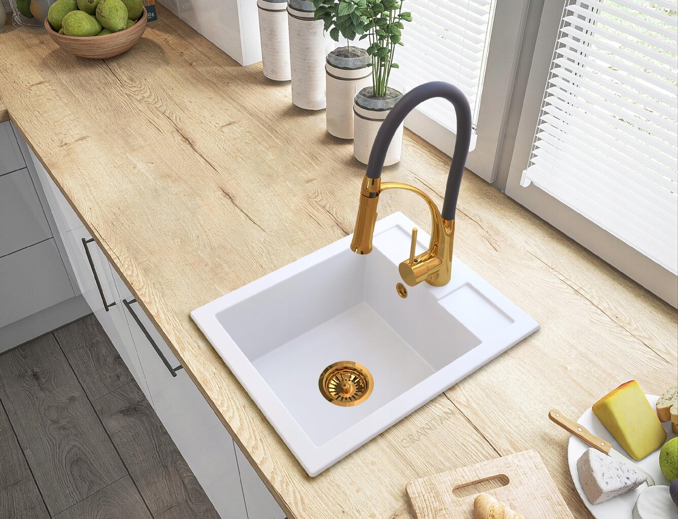 Granitan kriauklė virtuvės maišytuvas sifonas balta aukso spalvos kaina ir informacija | Virtuvinės plautuvės | pigu.lt