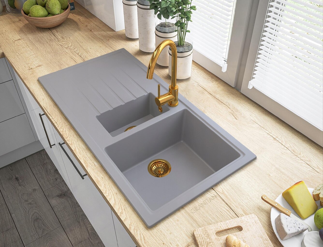 Granitan kriauklė virtuvės maišytuvas sifonas pilka aukso spalvos kaina ir informacija | Virtuvinės plautuvės | pigu.lt