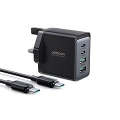Joyroom TCG02 PD USB-C USB-A Настенное зарядное устройство GaN мощностью 67 Вт (Великобритания) + кабель USB-C — черный цена и информация | Зарядные устройства для телефонов | pigu.lt