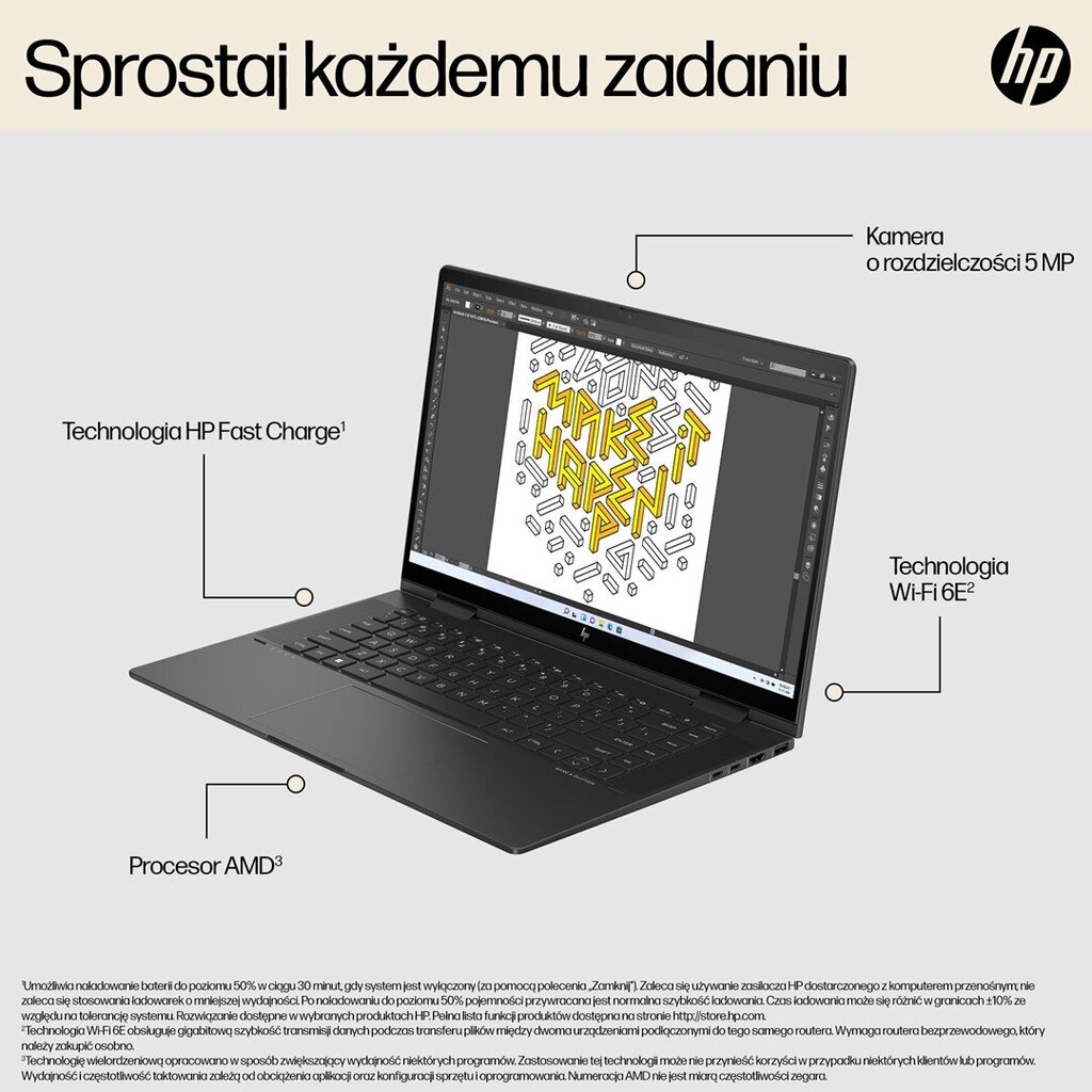 HP ENVY x360 15-fh0006nw 15,6" AMD Ryzen 5 7530U 16 GB LPDDR4x-SDRAM 512 GB SSD Wi-Fi 6E Windows 11 Home kaina ir informacija | Nešiojami kompiuteriai | pigu.lt