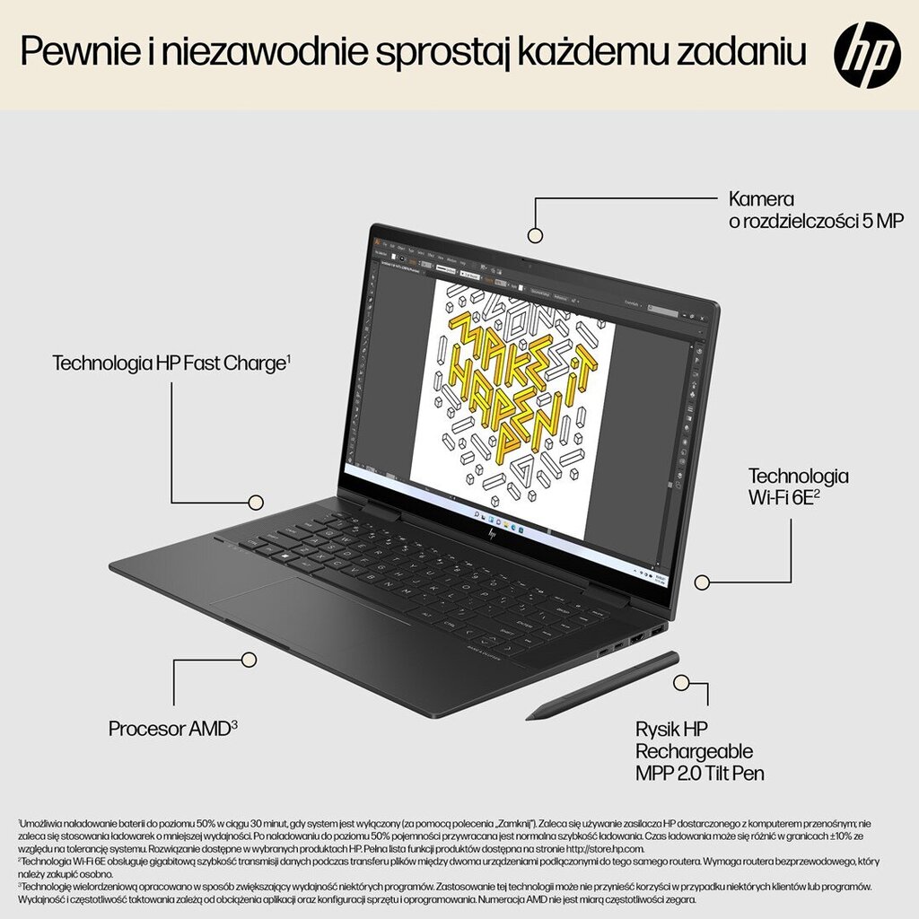 HP ENVY x360 15-fh0006nw 15,6" AMD Ryzen 5 7530U 16 GB LPDDR4x-SDRAM 512 GB SSD Wi-Fi 6E Windows 11 Home kaina ir informacija | Nešiojami kompiuteriai | pigu.lt