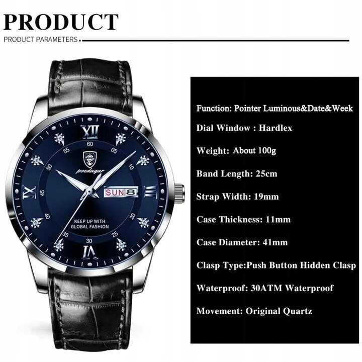 Laikrodis vyrams Poedagar, juodas kaina ir informacija | Vyriški laikrodžiai | pigu.lt