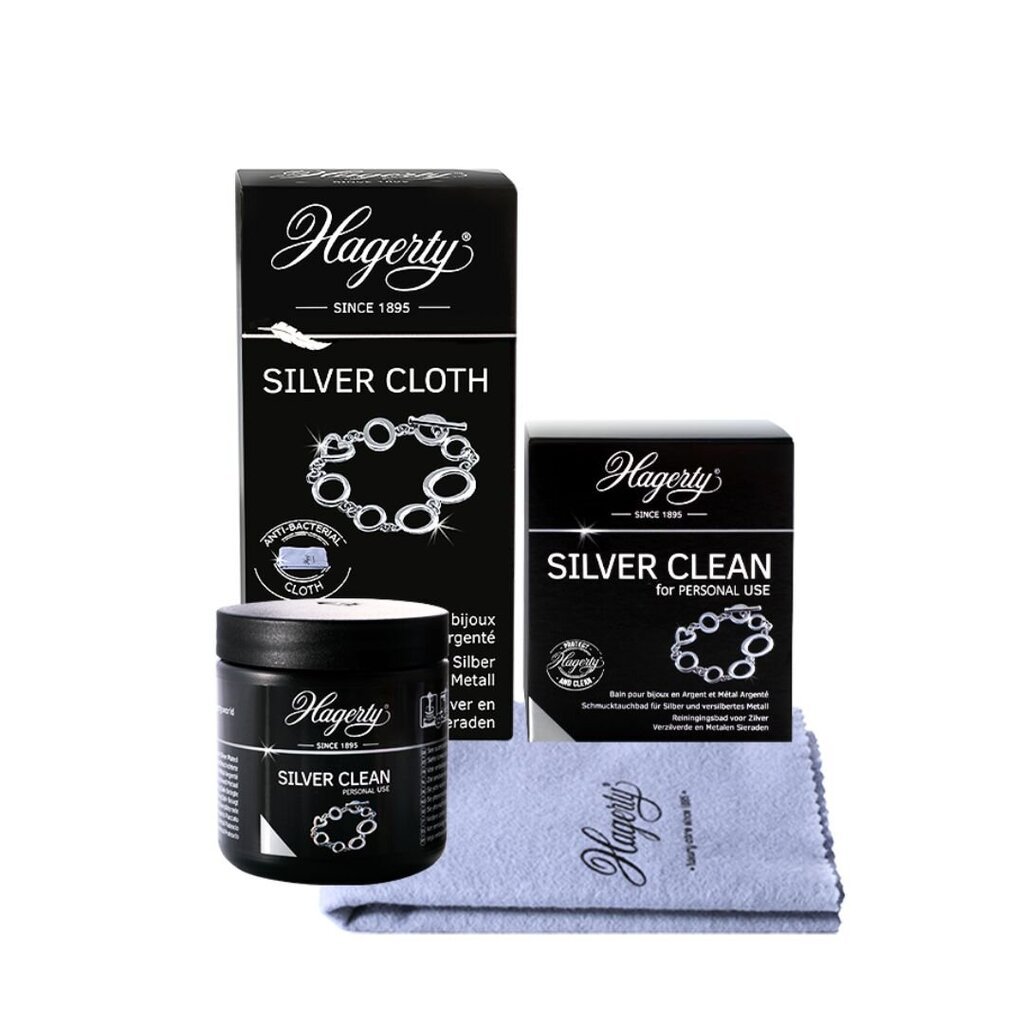 Hagerty rinkinys – tirpalas ir šluostė sidabro ir sidabro papuošalų valymui ir priežiūrai Silver Clean + Silver Cloth kaina ir informacija | Valikliai | pigu.lt