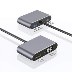 Aliuminio adapterio centras 4W1 USB-C ant 4K HDMI, VGA, USB 3.0, PD USB-C kaina ir informacija | Adapteriai, USB šakotuvai | pigu.lt