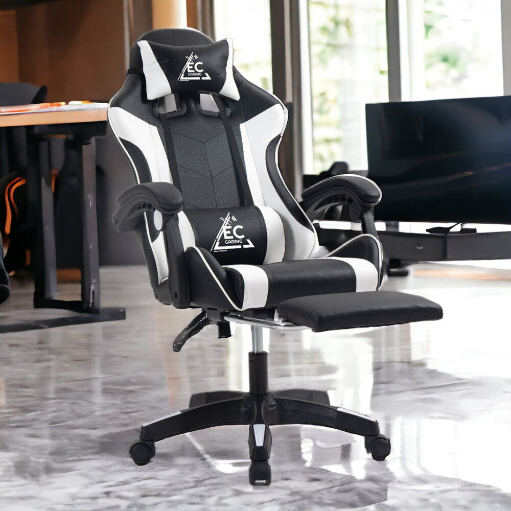 Žaidimų kėdė su atrama kojoms eCarla EC Gaming, juoda/balta цена и информация | Biuro kėdės | pigu.lt