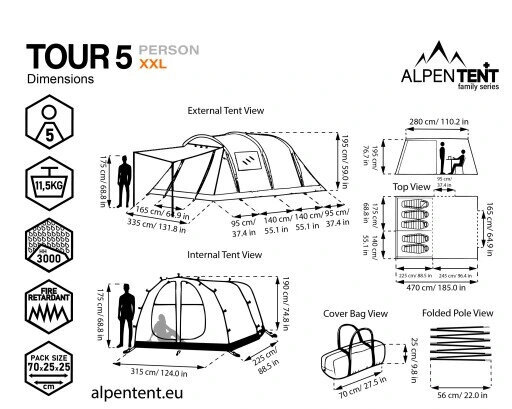 Palapinė AlpenTent Tour 5 XXL, žalia kaina ir informacija | Palapinės | pigu.lt