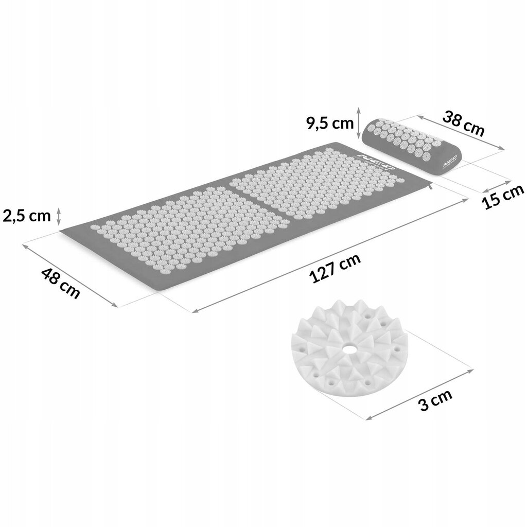 Akupresūros masažinis kilimėlis su pagalve Neo-sport, 127x48x2.5cm, pilkas/juodas kaina ir informacija | Masažo reikmenys | pigu.lt