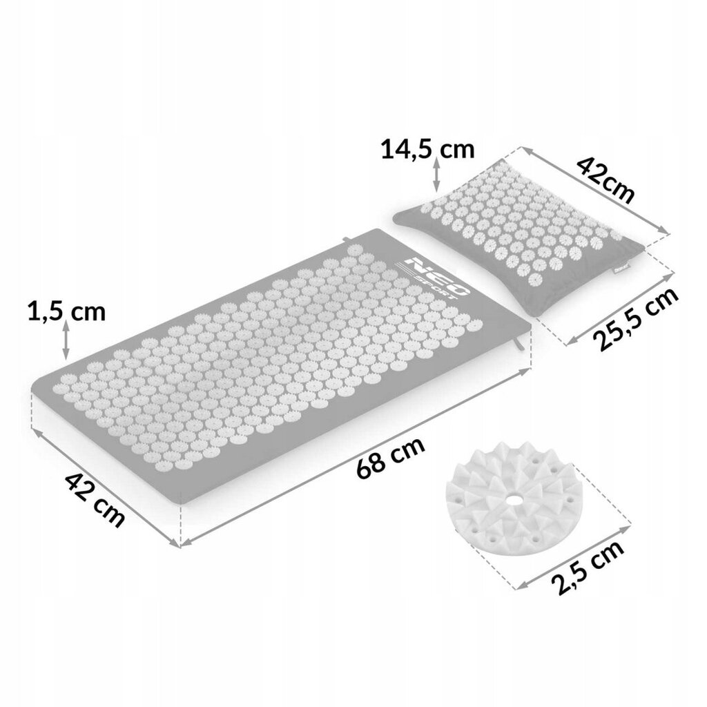 Akupresūros masažinis kilimėlis su pagalve Neo-sport, 42x68x1.5cm, pilka/juoda kaina ir informacija | Masažo reikmenys | pigu.lt