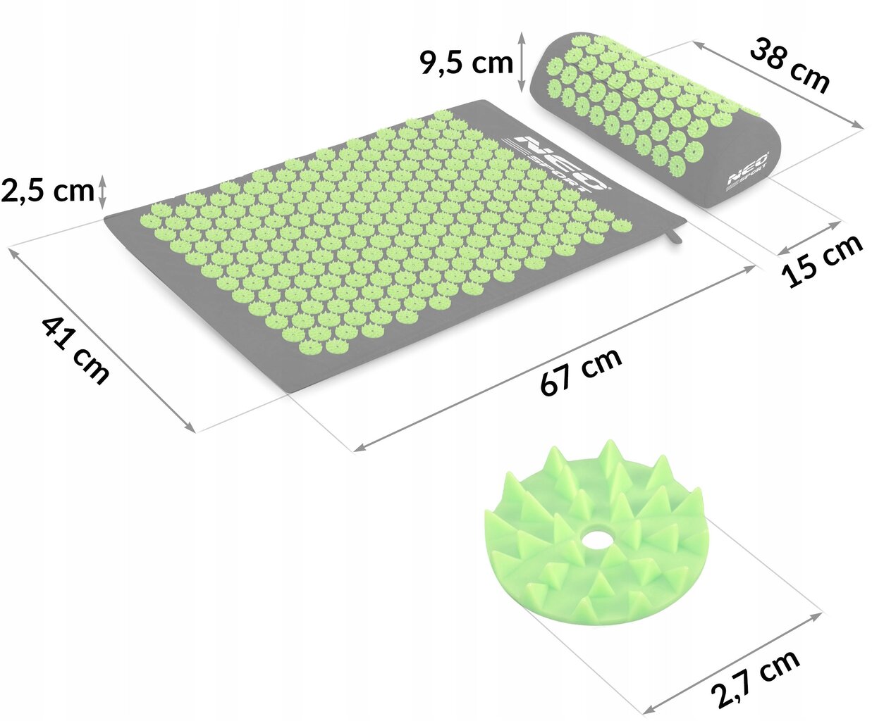 Akupresūros masažinis kilimėlis su pagalve Neo-sport, 67x41x2.5cm žalia/juoda kaina ir informacija | Masažo reikmenys | pigu.lt