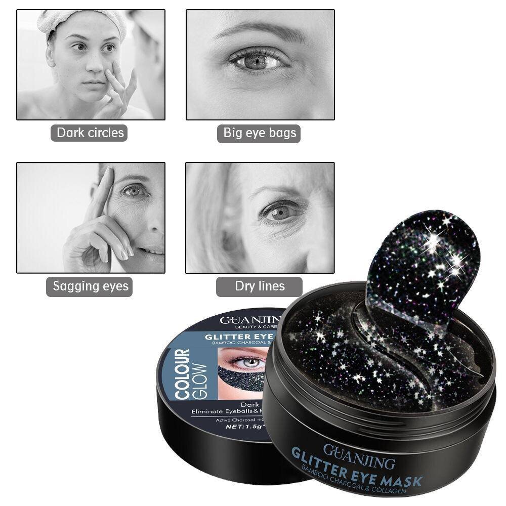 Paakių kaukės Guanjing Collagen & Bamboo Charcoal Eye Pads, Black Glitter, 60 vnt kaina ir informacija | Veido kaukės, paakių kaukės | pigu.lt