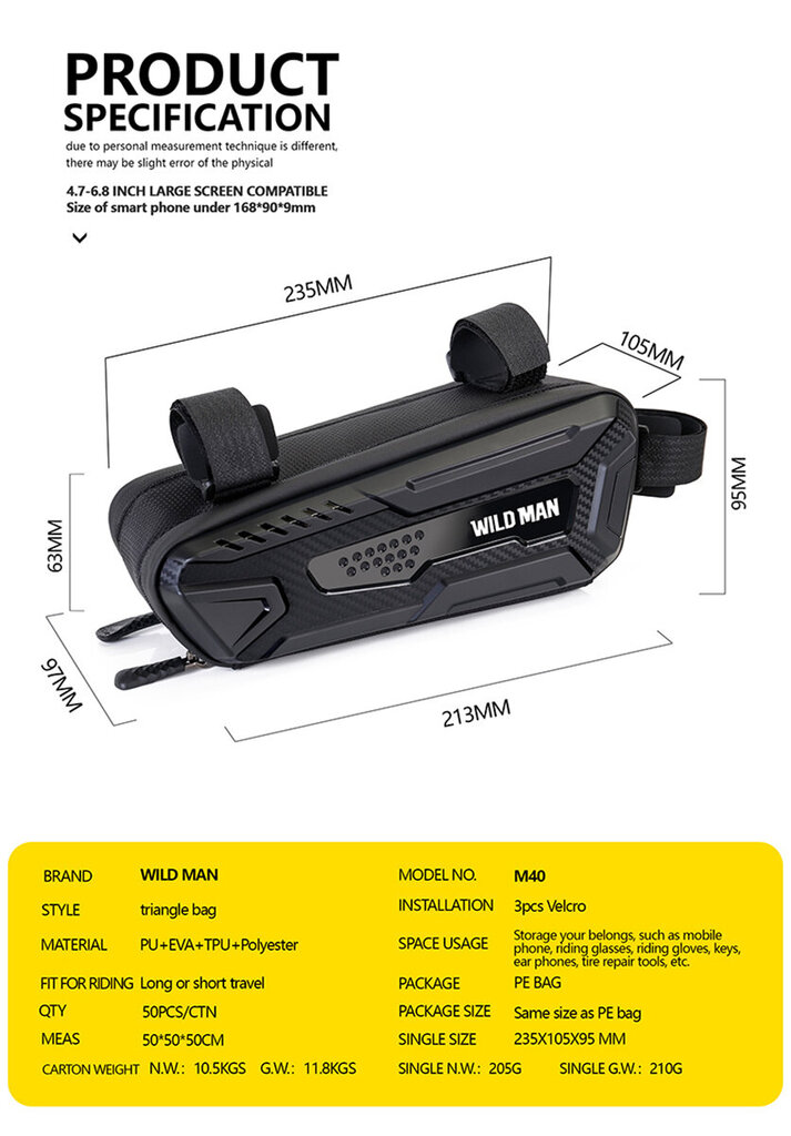 Dviračio rėmo krepšys Wildman M40, 1,5L, juodas цена и информация | Krepšiai, telefonų laikikliai | pigu.lt