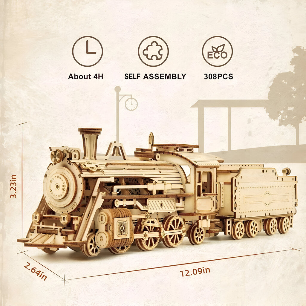 Dėlionė 3D medinis garo traukinys Livman ZY-173, 1:80 mastelis, 308 vnt. kaina ir informacija | Lavinamieji žaislai | pigu.lt