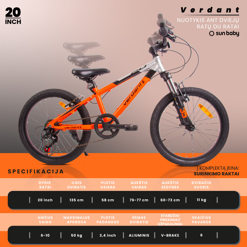 Vaikiškas dviratis MTB Shimano 20", oranžinis kaina ir informacija | Dviračiai | pigu.lt