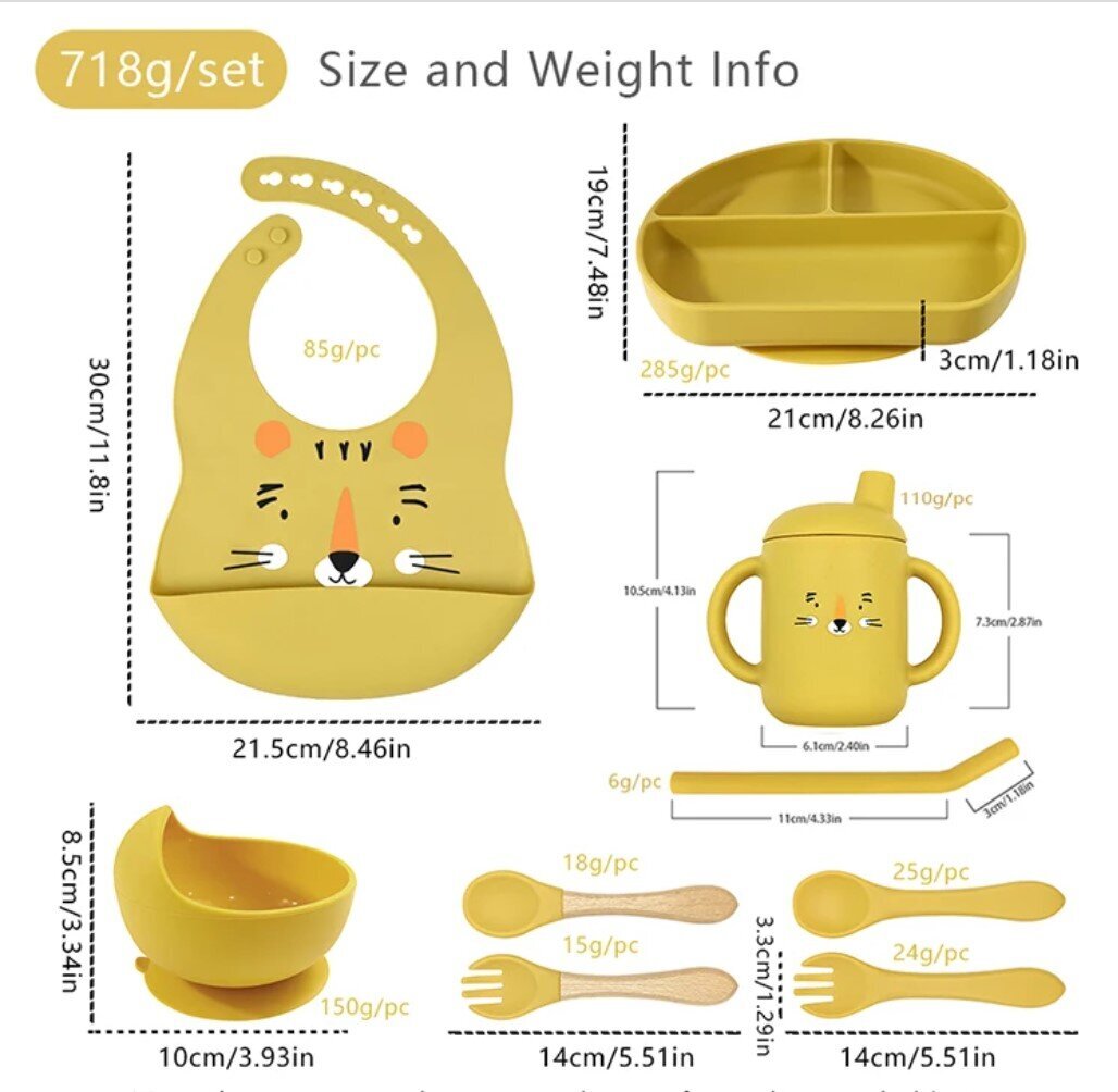 Silikoninių indų rinkinys vaikams, Tiger, geltonas, 9 d. цена и информация | Kūdikių indai, indeliai pienui ir įrankiai | pigu.lt