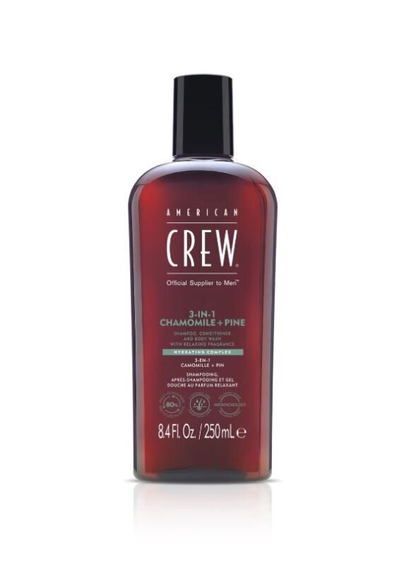 Šampūnas/kondicionierius/dušo želė American Crew 3in1 Chamomile + Pine, 250 ml kaina ir informacija | Šampūnai | pigu.lt