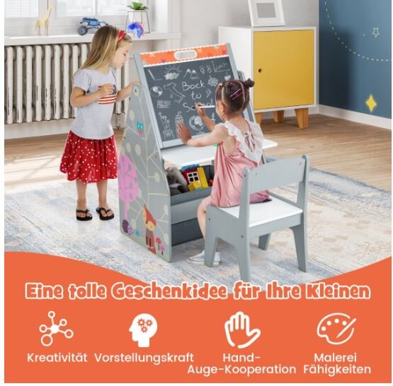 Dvipusis vaikiškas stalas ir kėdė su magnetinė lenta Costway,pilkas цена и информация | Vaikiškos kėdutės ir staliukai | pigu.lt