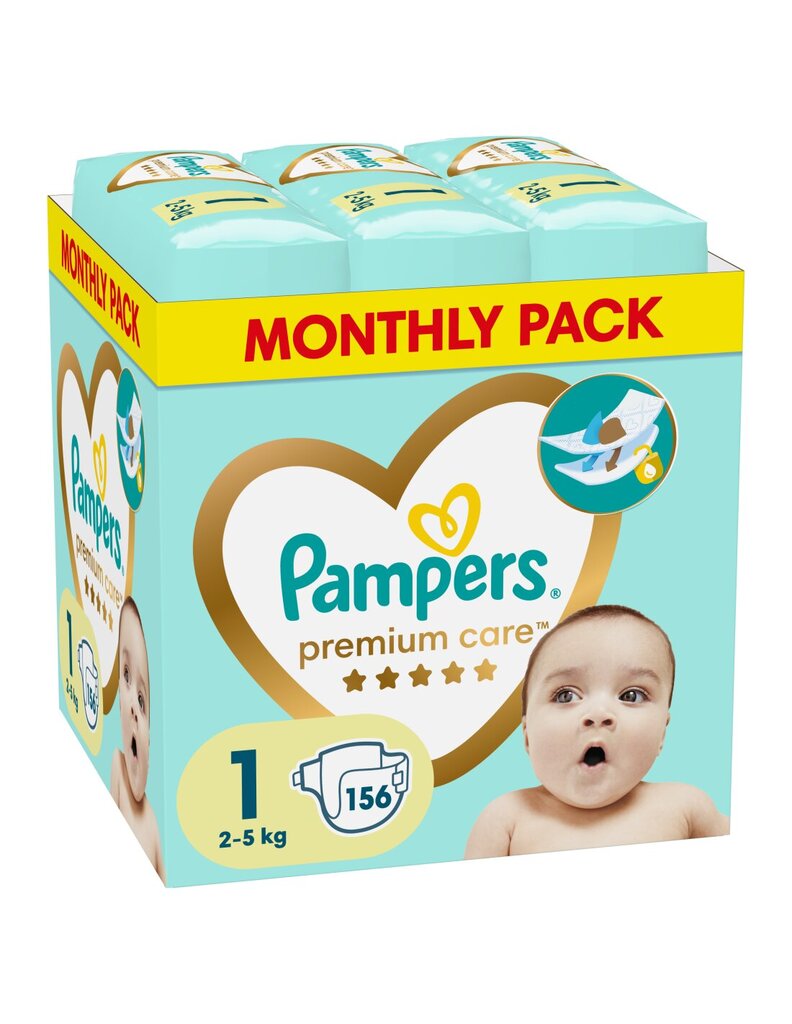 Sauskelnės Pampers Premium Care Tape, 1 dydis, 156 vnt, 2-5 kg. kaina ir informacija | Sauskelnės | pigu.lt