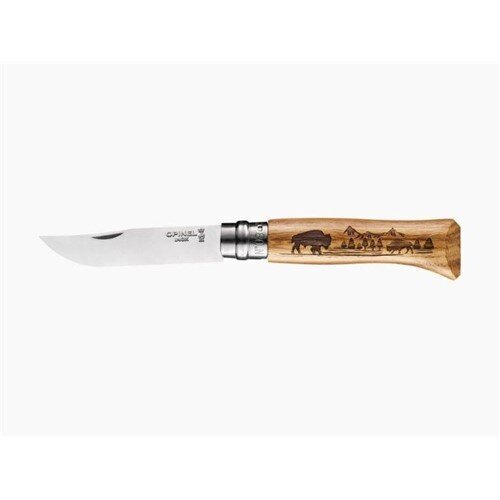 Sulankstomas peilis su Buffalo graviravimu Opinel, 8 cm kaina ir informacija | Turistiniai peiliai, daugiafunkciniai įrankiai | pigu.lt