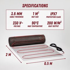 Нагревательный мат Ryxon™ HM-200-1.0, 1 м², 200 W: эффективное решение для теплых полов цена и информация | Нагревательные коврики для пола и зеркал | pigu.lt