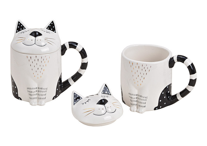 Keramikinis puodelis Katė su dangteliu, baltas kaina ir informacija | Originalūs puodeliai | pigu.lt