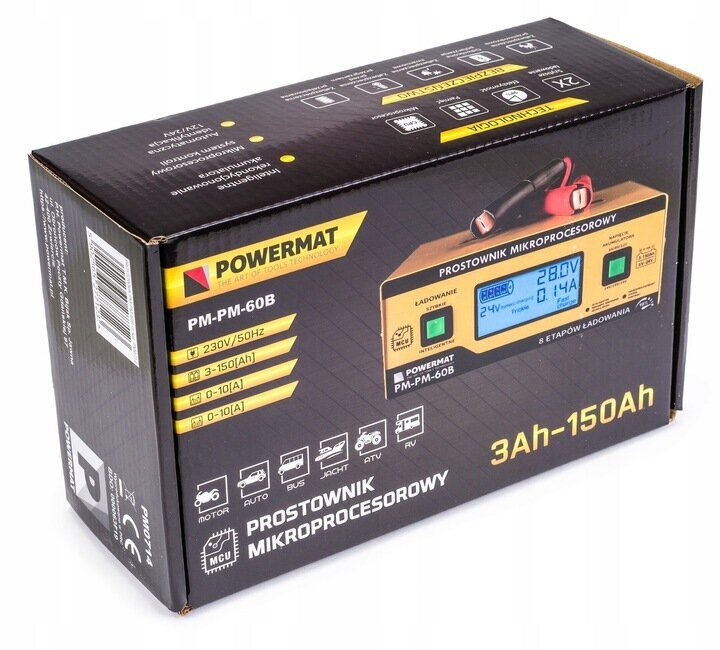 Mikroprocesorinis akumuliatoriaus įkroviklis Powermat PM-PM-60B, 6V/8V/12V/14V/16V/24V, 10A, LCD цена и информация | Akumuliatorių krovikliai | pigu.lt