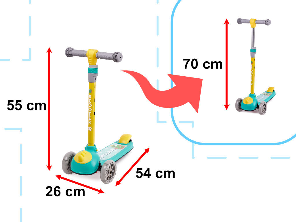 Triratis balansinis paspirtukas šviečiančiais ratais Scooter Dinozauriukas, gelotnas/mėlynas kaina ir informacija | Paspirtukai | pigu.lt