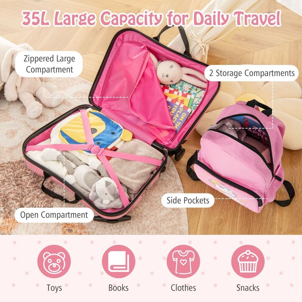 Vaikiškas lagaminas + kuprinė Costway vienaragis цена и информация | Lagaminai, kelioniniai krepšiai | pigu.lt