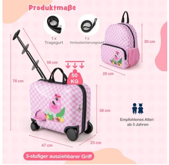 Vaikiškas lagaminas + kuprinė Costway flamingas kaina ir informacija | Lagaminai, kelioniniai krepšiai | pigu.lt