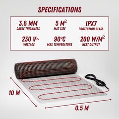 Нагревательный мат Ryxon™ HM-200-5.0, 5 м², 1000 W: эффективное решение для теплых полов цена и информация | Нагревательные коврики для пола и зеркал | pigu.lt