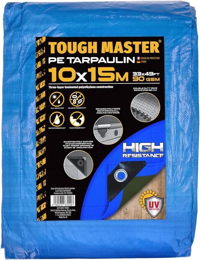 Vandeniui atsparus brezentas/tentas Tough Master® TM-PT91015, 10x15m kaina ir informacija | Sodo įrankiai | pigu.lt