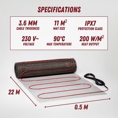Нагревательный мат Ryxon™ HM-200-11, 11 м², 2200 W: эффективное решение для теплых полов цена и информация | Нагревательные коврики для пола и зеркал | pigu.lt
