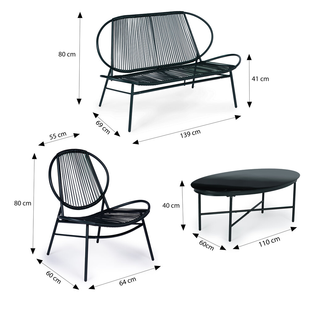 Sodo baldų komplektas iš rotango, metalinių kėdžių, suolo ir juodo stalo kaina ir informacija | Lauko baldų komplektai | pigu.lt