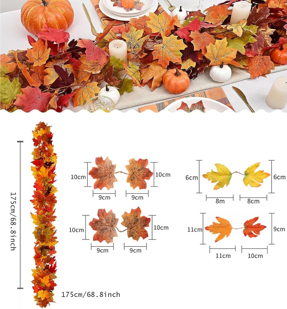 Dirbtinė girlianda Rudens lapai, 175cm, 2 vnt. kaina ir informacija | Floristikos reikmenys | pigu.lt