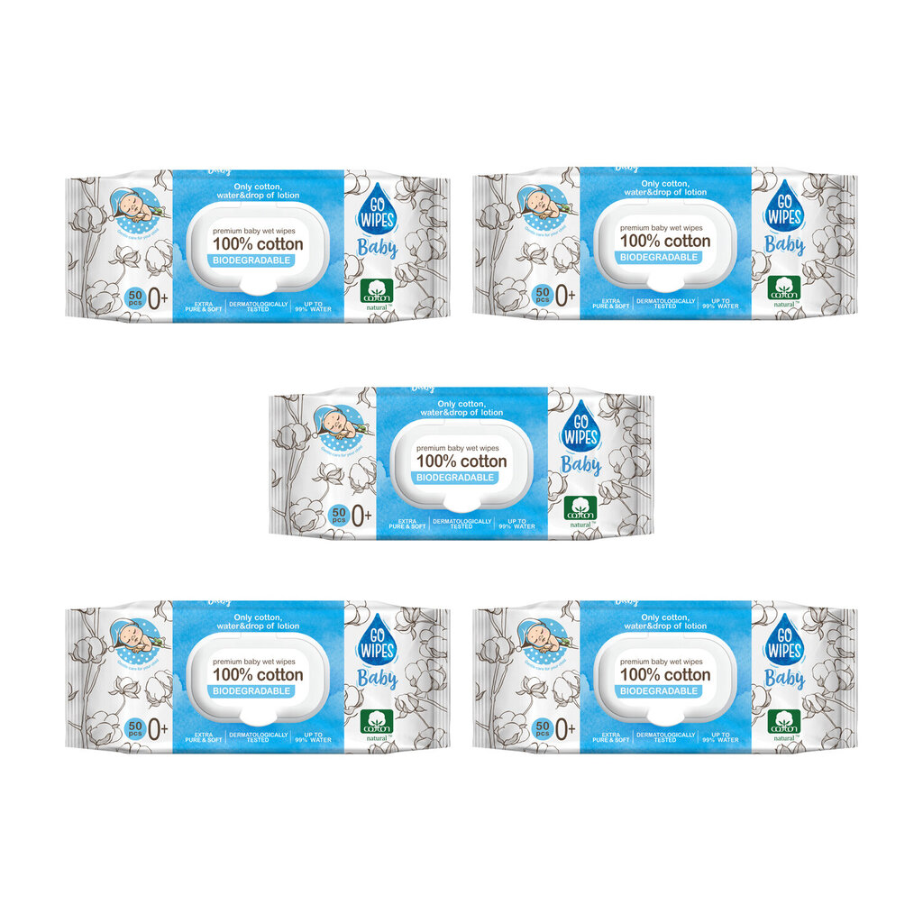 Drėgnos servetėlės kūdikiams Go Wipes Baby 100% Cotton, 5 x 50 vnt kaina ir informacija | Drėgnos servetėlės, paklotai | pigu.lt