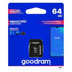 Microcard atminties kortelė 64GB micro SD XC UHS-I Class 10 + SD adapteris цена и информация | Аксессуары для компонентов | pigu.lt