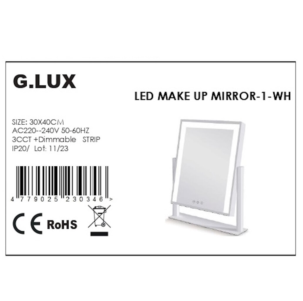 Veidrodis su LED apšvietimu G.LUX LED MAKE UP MIRROR-1-WH kaina ir informacija | Kosmetinės, veidrodėliai | pigu.lt