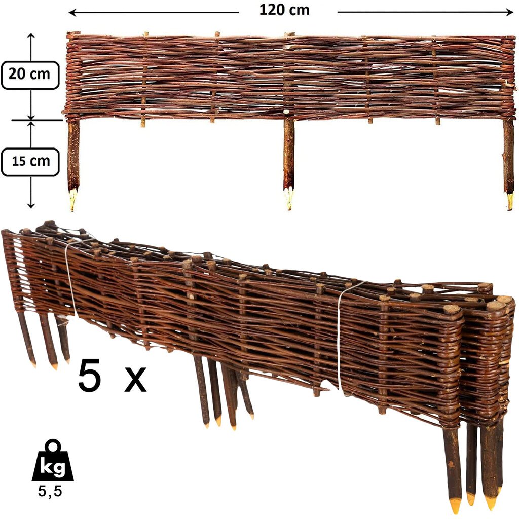 5 vnt. sodo palisadų rinkinys. Pinta tvora sodui 120x20 cm kaina ir informacija | Tvoros ir jų priedai | pigu.lt