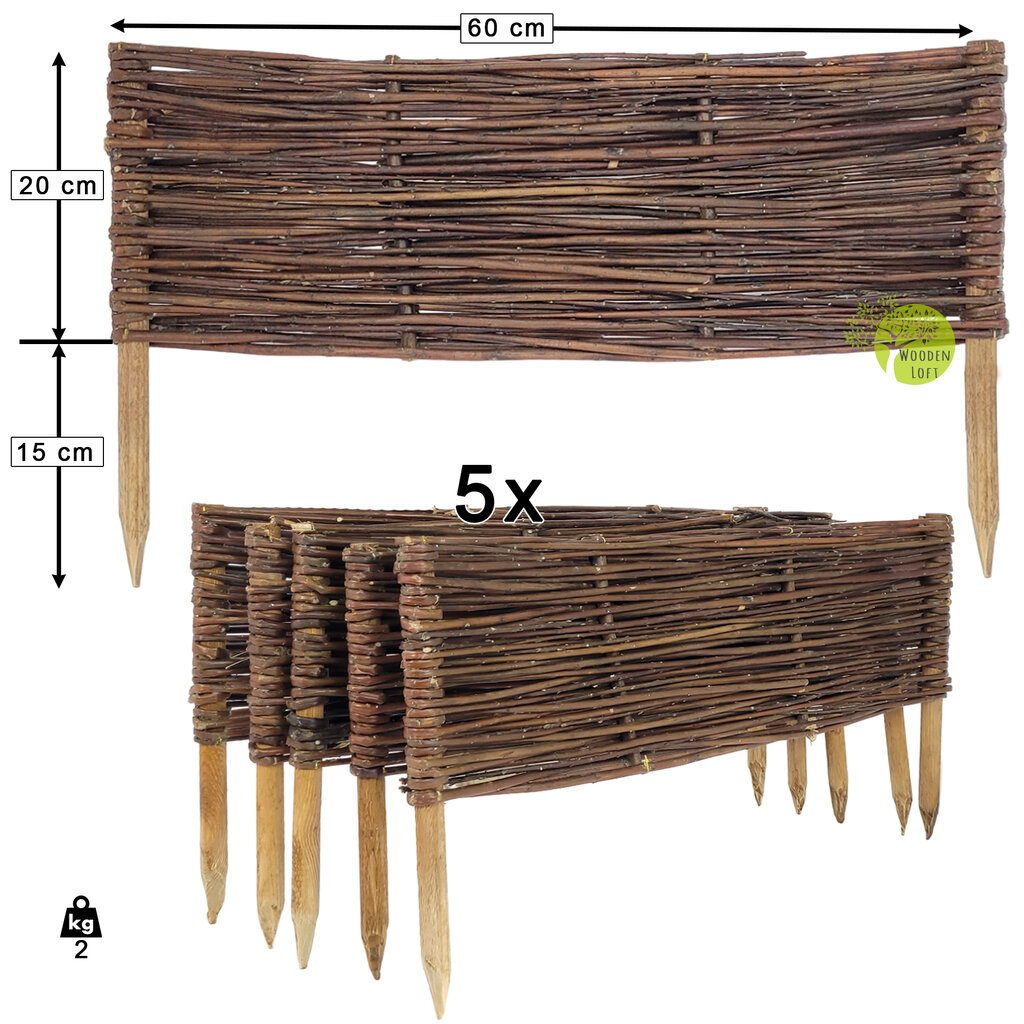 5 vnt. sodo palisadų rinkinys. Pinta tvora sodui 60x20 cm kaina ir informacija | Tvoros ir jų priedai | pigu.lt