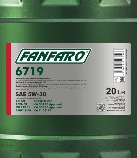 Fanfaro 6719 Long Life 504/507 5W-30 alyva, 20l цена и информация | Variklinės alyvos | pigu.lt