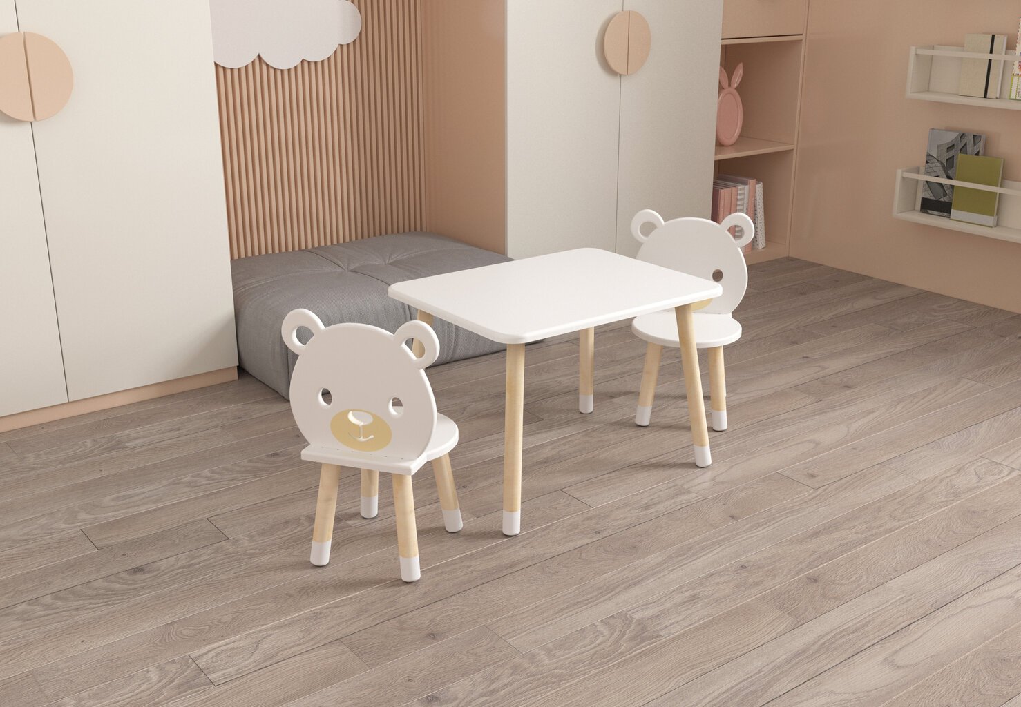 3-ių dalių vaikiškų baldų komplektas Dekormanda, baltas/rudas kaina ir informacija | Vaikiškos kėdutės ir staliukai | pigu.lt